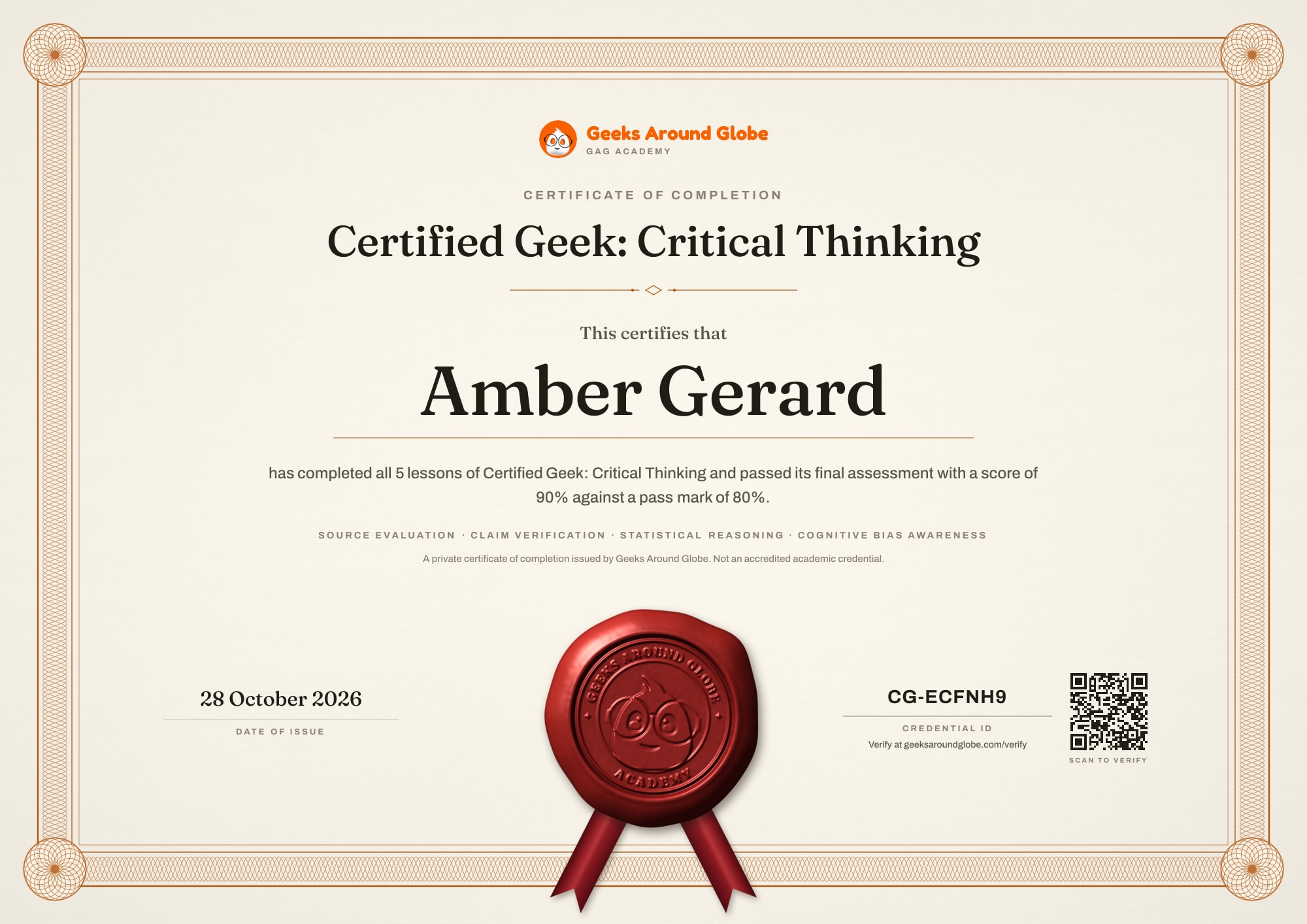 Certificate: Certified Geek: Critical Thinking, issued to Amber Gerard