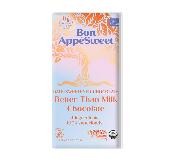 Bon AppéSweet Better Than Milk Chocolate package labeled date-sweetened and 54% cacao.