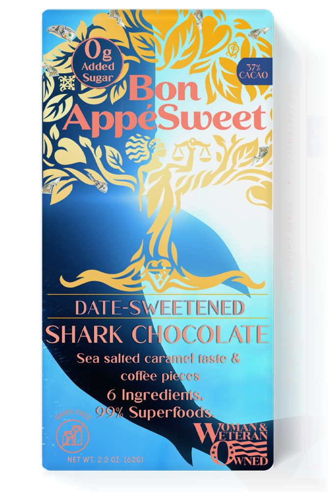 Blue and gold Bon AppéSweet Shark Chocolate package labeled 37% cacao with sea-salted caramel taste and coffee pieces.