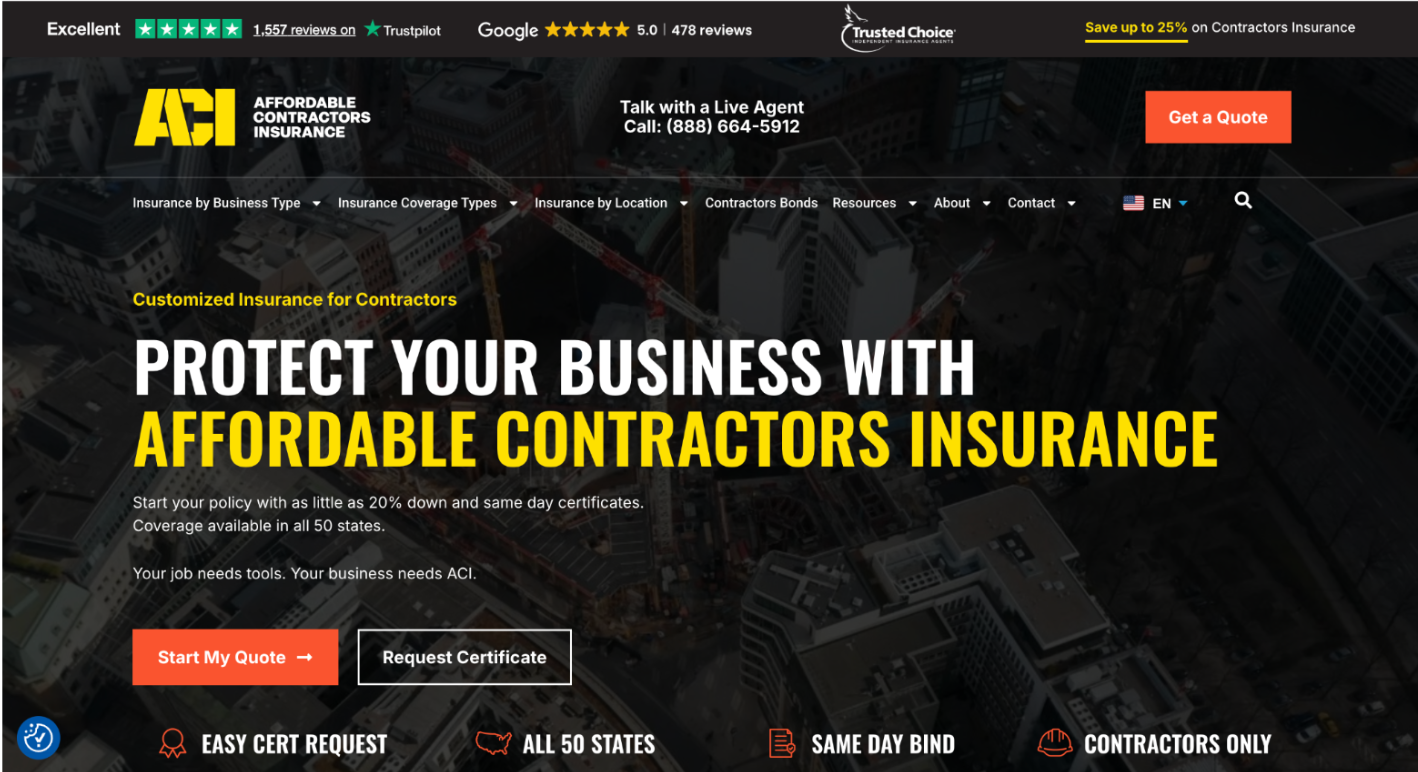 Affordable Contractors Insurance homepage promoting customized insurance coverage for contractors