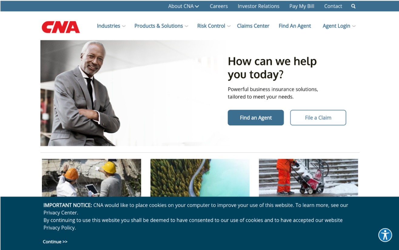 CNA business insurance homepage with options to find an agent or file a claim