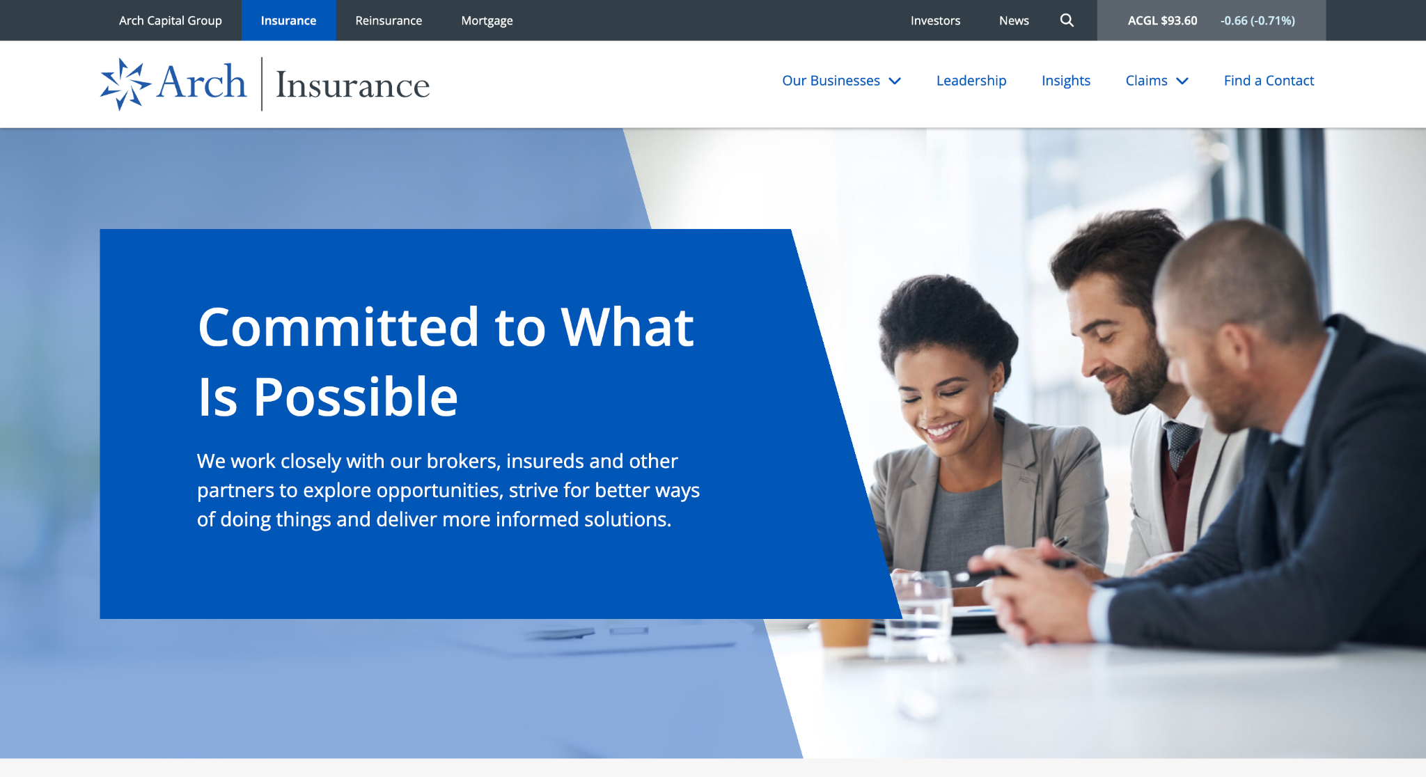 Arch insurance website screenshot